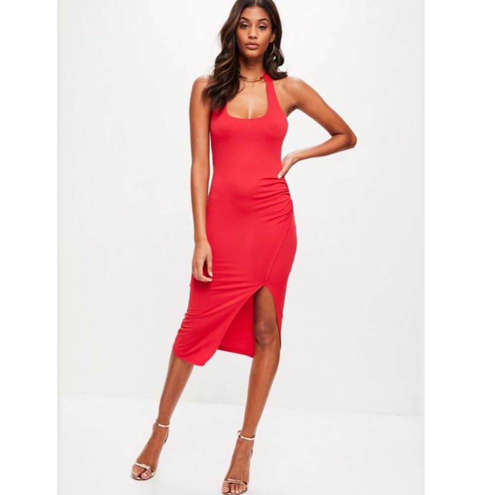 Red Ruched Halter Midi Dress